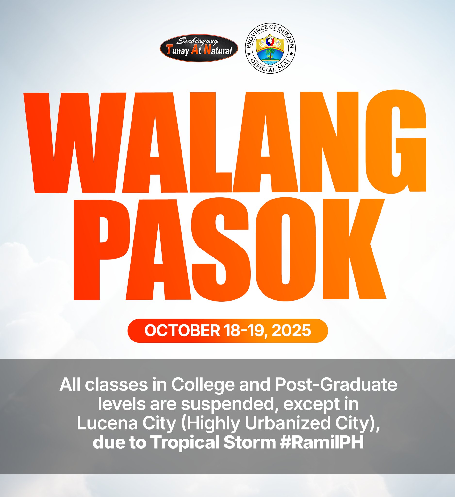 Lalawigan ng Quezon, walang pasok sa kolehiyo at post-graduate sa Oktubre 18-19 dahil sa bagyong Ramil